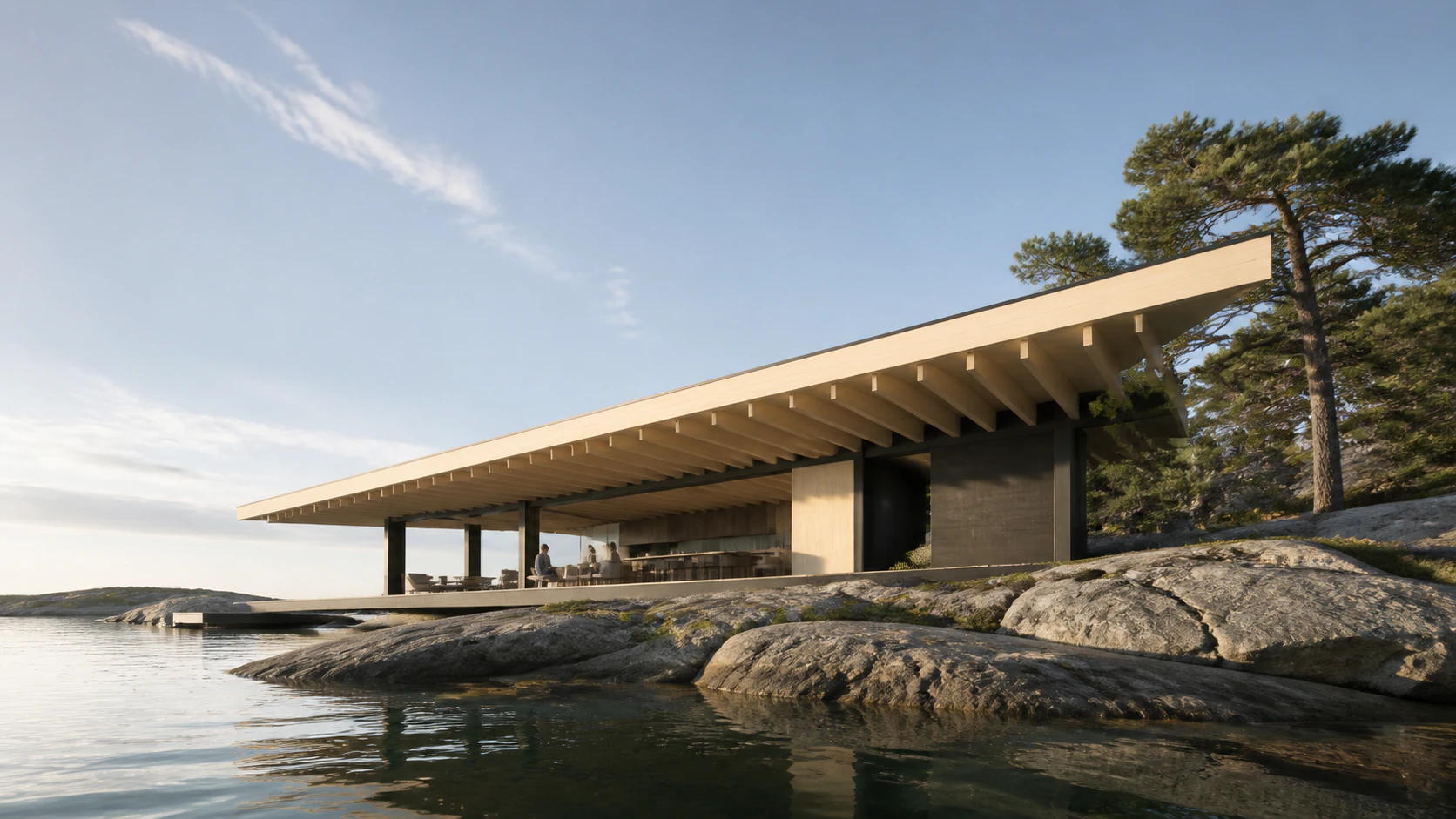 바위와 해안 숲 사이에 낮게 자리 잡은 현대적인 LVL 건축